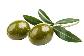 Obraz premium Two glistening green olives with leaves on a dark backdrop. A shot showing detail and vibrant colors.
