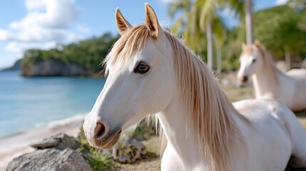 Obraz premium Majestic White Horses Relaxing on Tropical Beach Sunny Day