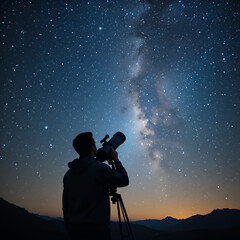 An astronomer gazes at the stars through a telescope, pondering the mysteries of creation.