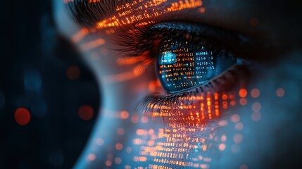 Close-up of an eye with digital code overlay futuristic technology concept.