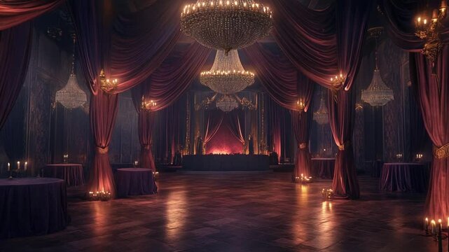 Opulent ballroom interior with draped curtains and glittering chandeliers ambience scene