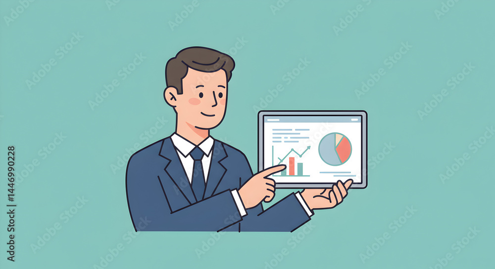 Poster animated businessman presenting statistical charts on a tablet screen display