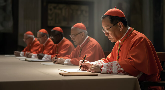 A representation of a diverse group of Catholic cardinals, dressed in their red choral robes, sit gathered around a long table during a conclave.