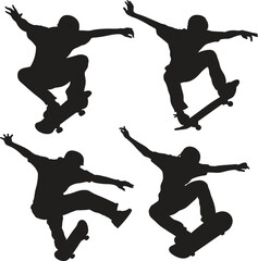 Silhouettes of Skateboarders Performing Tricks – Black and White Vector Illustration with Dynamic Poses, Urban Action Sports Style, Mid-Air Stunts, and Minimalist Graphic Design