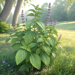 Chia Plant (Salvia Hispanica) with Long Green Leaves, Healthy Organic Superfood, Nutritional Herb, Garden Plant, Growing in Natural Environment, Green Leaves with Purple Flowers, Chia Seeds, Fresh Her