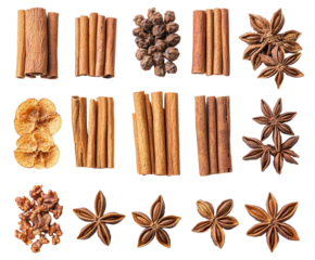 Brightly lit collection of exotic kitchen spices and ingredients isolated on transparent background