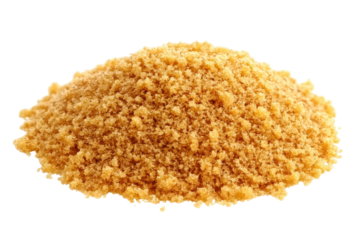 A pile of brown sugar, fine granules, and a rich tan color, is shown