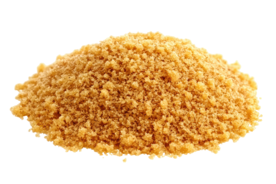 A pile of brown sugar, fine granules, and a rich tan color, is shown