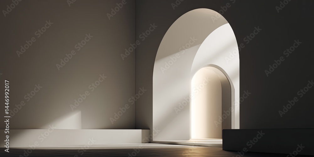 Poster minimalist interior with a soft glowing arch against a clean wall creating a modern and airy atmosph