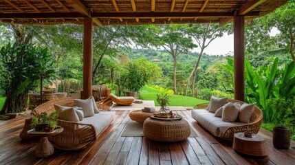 Fototapeta premium Outdoor lounge with wood flooring, comfy furniture, and woven decor