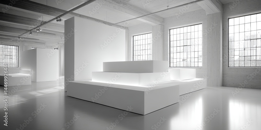 Aufkleber Minimalistic white display platforms in a bright, empty space, ideal for product showcases, branding presentations, or modern design displays, studio shot