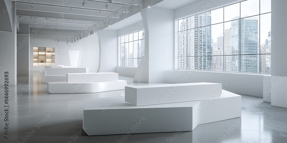 Poster minimalistic white display platforms in a bright, empty space, ideal for product showcases, branding