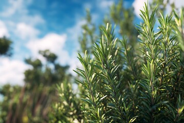Obraz premium A full rosemary bush with thin needle-like leaves in a sun-drenched Mediterranean-style garden.