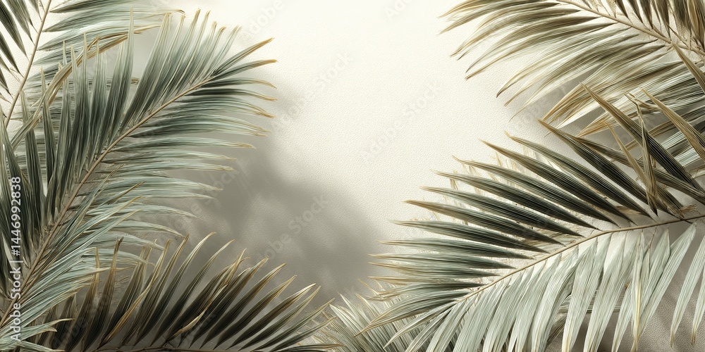 Poster soft and subtle tropical palm leaves gently framing a neutral background for relaxation, calmness, a