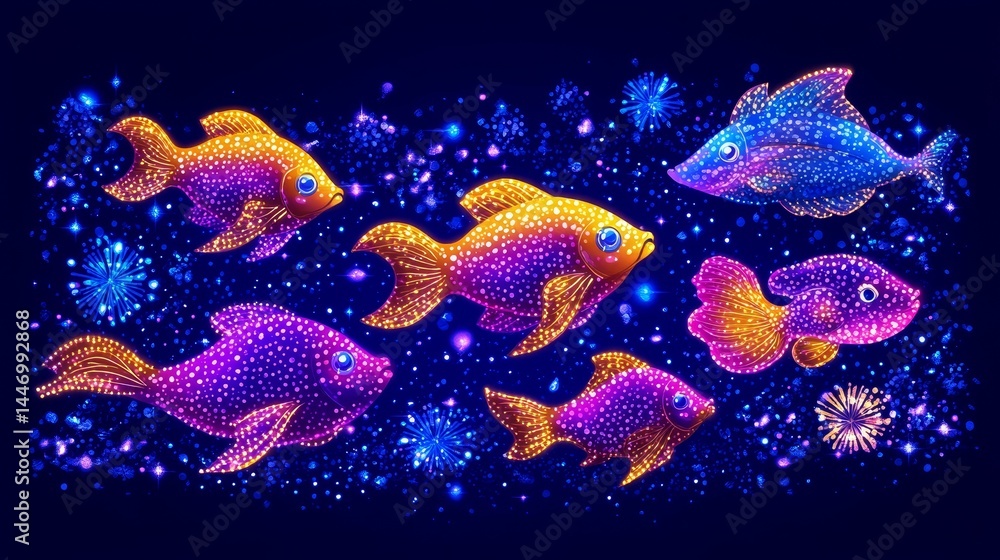 Poster luminous aquatic ecosystem with vibrant fish shimmering under ethereal waterscape light emitting mag