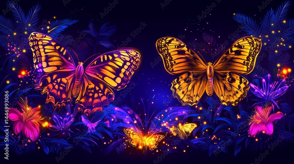 Poster luminous butterflies against a dark backdrop creating a magical spectacle in a glowing neon colored 
