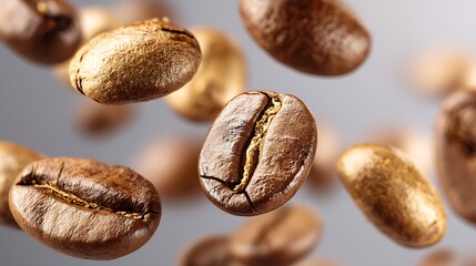 Obraz premium Falling coffee beans, brown and golden shades scattered