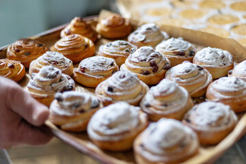 Close-up of freshly baked pastries topped with powdered sugar and raisins, emphasizing texture and...