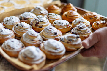 Close-up of freshly baked pastries topped with powdered sugar and raisins, emphasizing texture and detail.