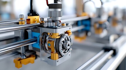 Fototapeta premium Close up Detailed View of 3D Printer Mechanism Gears Precision Engineering Technology