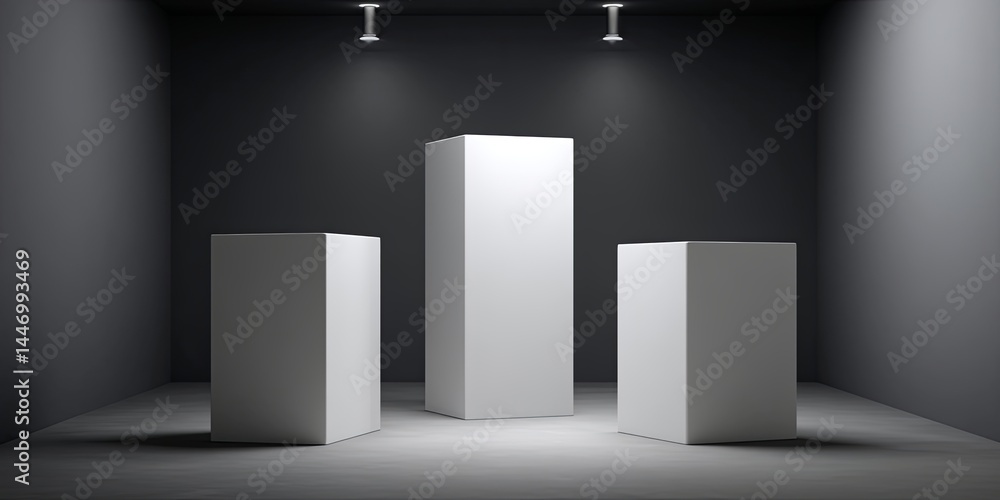Aufkleber Minimalist Display Setting with White Pedestals in an Empty Studio for Creative Presentations and Product Showcases