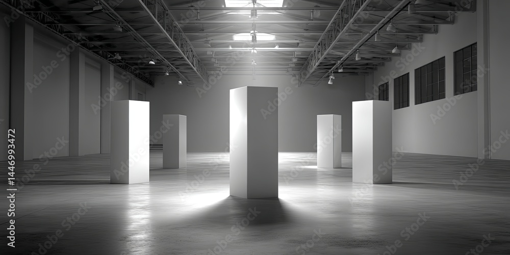 Leinwandbilder Minimalist Display Setting with White Pedestals in an Empty Studio for Creative Presentations and Product Showcases