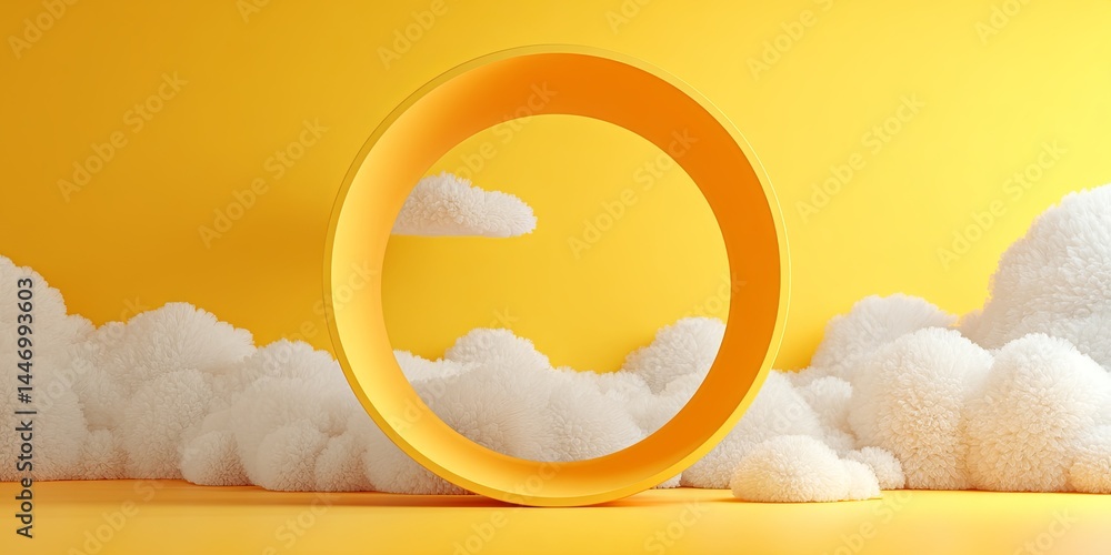 Leinwandbilder Vibrant Yellow Background with Circular Cutout and Fluffy Clouds Creating a Dreamy, Whimsical Atmosphere for Creative and Artistic Projects
