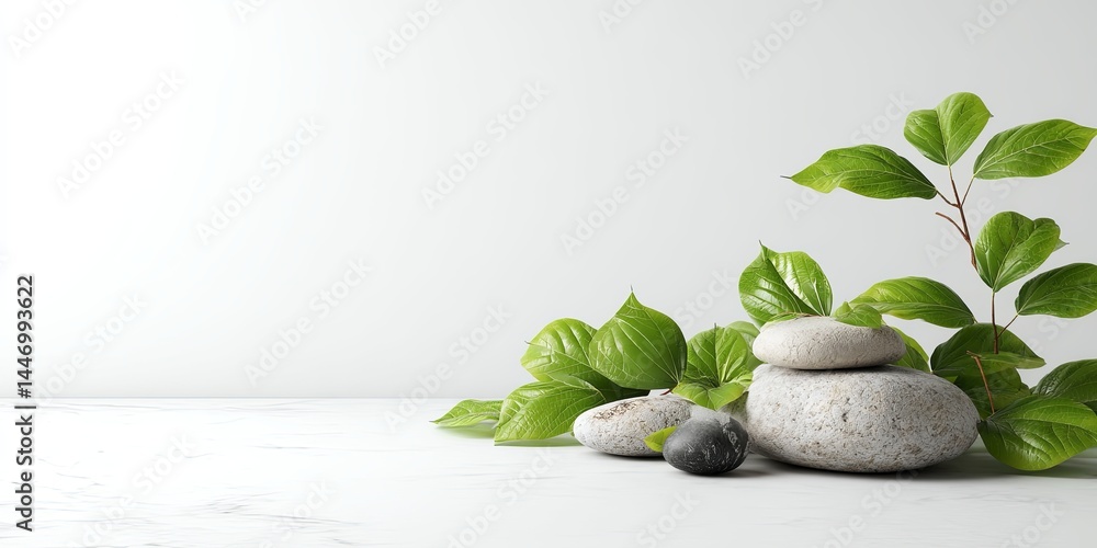 Aufkleber Minimalist Display of Natural Stone on a Clean White Background Surrounded by Fresh Green Leaves for Artistic and Product Presentation