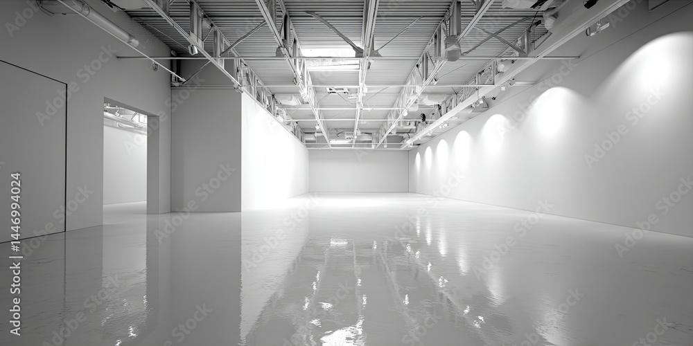 Poster empty minimalist white studio space with smooth surfaces, ideal for displaying products, art pieces,