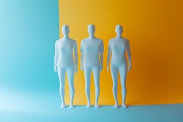 Three Pastel Paper People Figures Yellow Background Illustration