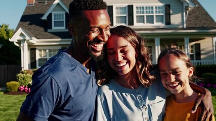 A joyful family poses in front of their house, captured from a low-angle, wide shot, creating a warm, welcoming video thumbnail style.