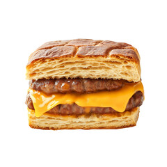 Sausage and cheese biscuit sandwich on transparent white background