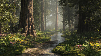 Obraz premium Peaceful River Flowing Through a Lush Green Forest with Trees Reflecting on the Water – Serene Nature Landscape Ideal for Travel, Environmental, and Outdoor Adventure Themes