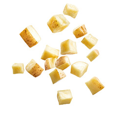 Potato Cubes Falling Midair Crisp Image  isolated on a transparent background