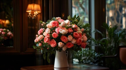A luxurious floral boutique selling high-end bouquets, featuring elegant branding and exquisite flower arrangements,