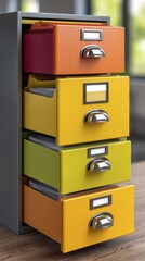Filing cabinet, organized folders, efficient filing system - data office archiving metal