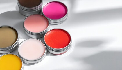 A vibrant collection of paint cans in various colors, including bright reds, blues, yellows, and greens, arranged artistically on a wooden surface.