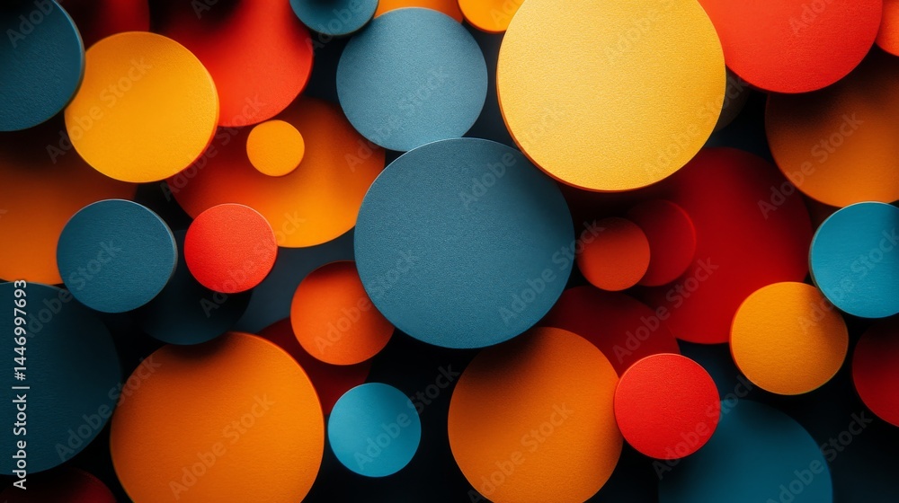 Poster vibrant abstract composition: an array of colorful discs in dynamic arrangement, contemporary style,