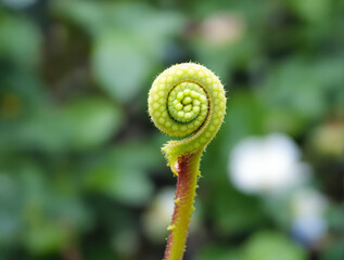 close-up of a vibrant green fern sprout curled in a spiral shape