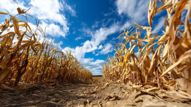 An expansive cornfield stretching into the distance under a bright blue sky dotted with clouds, symbolizing agricultural abundance and the beauty of rural life.