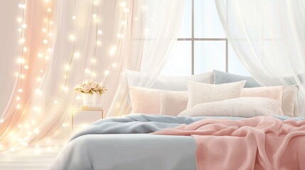 Romantic bedroom with soft pastel bedding, sheer curtains, and fairy lights.