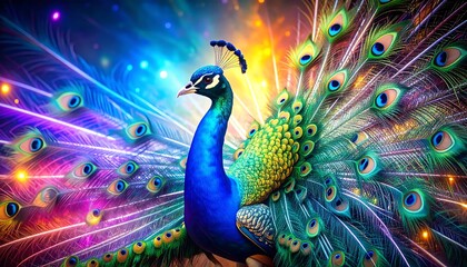 Luminous Peacock Amidst a Rainbow of Feathers,artistic, artwork, colourful, colours, detailed, fantasy, feather, glowing, gold, graphic, image, magical, ornate, peacock,