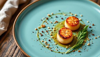 Tempting seared scallops in the refined corner on a muted teal background, in a clean food photography style, with overhead daylight radiance, spacious layout, high resolution