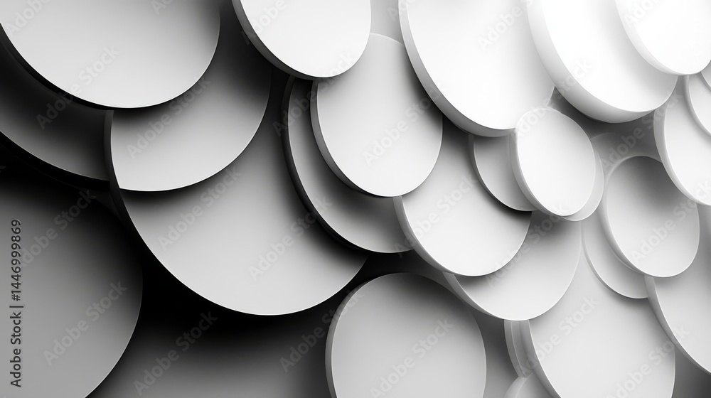 Poster cascading circular abstracts: a minimalist composition with subtle shadows and overlapping forms cre