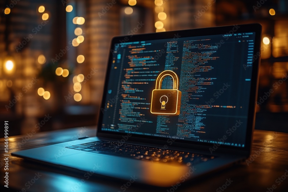 Poster laptop displaying a glowing padlock symbol against a backdrop of coding and bokeh lights