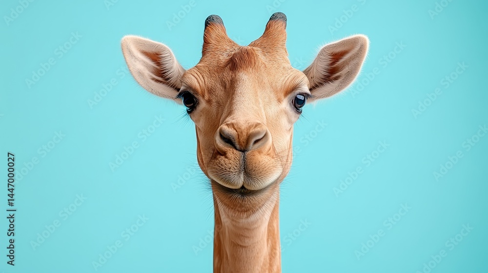 Poster giraffe portrait against a vibrant cyan backdrop showcasing unique patterns on its fur creating an a