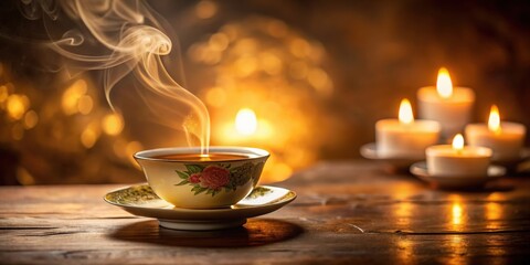 A delicate porcelain teacup filled with a warm, golden Chinese tea surrounded by soft, candlelit shadows and subtle steam rising from the cup's rim , candle flame decoration, warm lighting