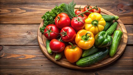 Display of fresh vegetables such as tomatoes bell peppers and cucumbers arranged artfully on a wooden platter, platter, healthy eating