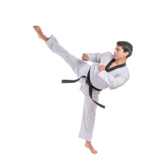 Martial artist performing high kick in traditional karate uniform isolated on a transparent background, young man in action pose wearing black belt practicing taekwondo or martial arts