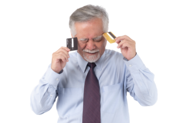 Senior man with grey hair looking stressed while holding two credit cards to his temples, representing financial stress, credit card finance issues, money management problems , transparent background